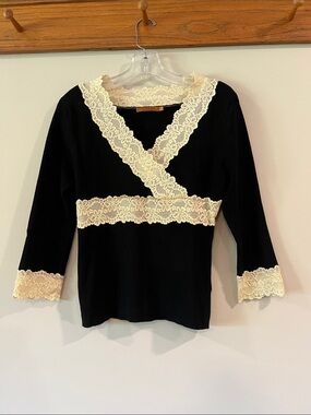 Y2K - Belldini Black Knit Ribbed Top with Cream Lace Trim, L